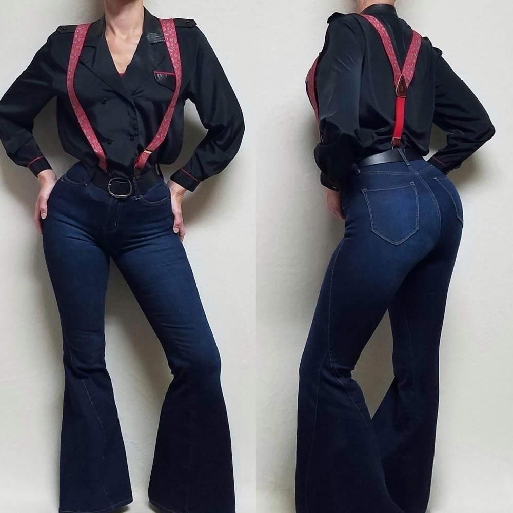 Bill Blass Vintage Stretchy Red Blue Paisley Gold Leather Button Tab Suspenders